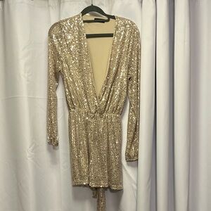 Gold Sequin Long-Sleeve Wrap Mini Dress